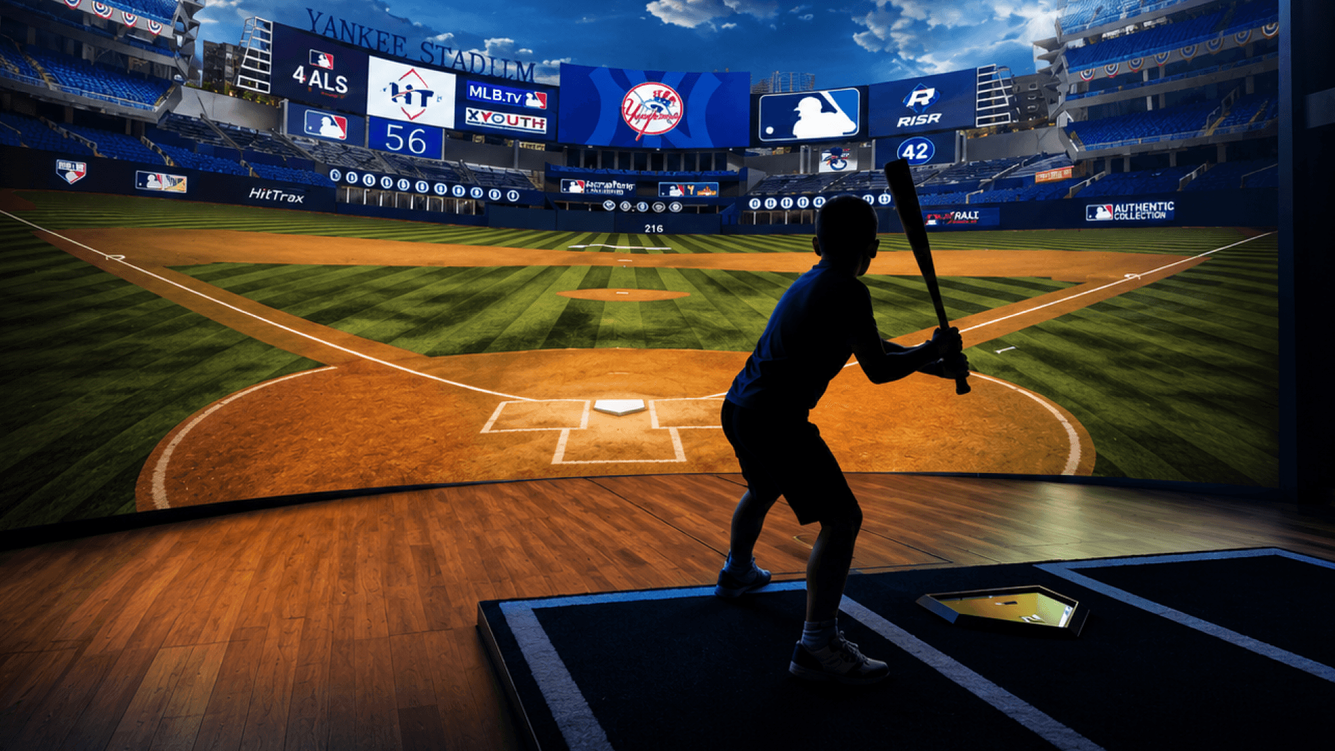 Young player batting inside a Home Run Dugout bay with stadium projection